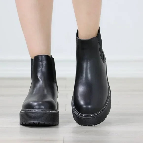 Womens Combat Boots Slip On Platform Chelsea Bootie Chunky Lugged Sole - Picture 4 of 13